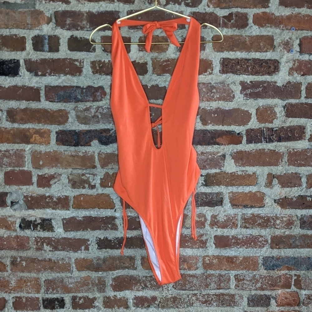 3X Orange‎ Low Cut Halter One Piece Bathing Suit